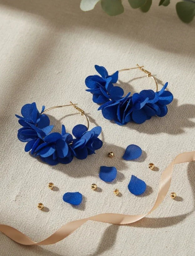 Aros Flor En Tela Azul/ Diseño Minimalista
