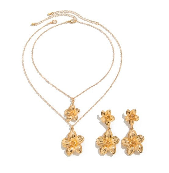 Set “Flores apilables” Dorado– Collar y Pendientes