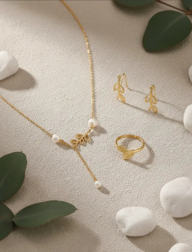 Conjunto "Cadena y aros de hojas" Dorado